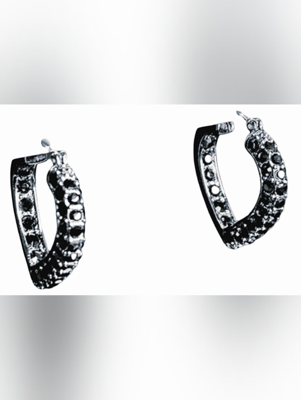 Monet Black Vintage Rhinestone Heart Hoop Earrings Rhodium Plated Y2K